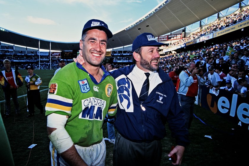 Quentin Pongia celebrates winning the 1994 Premiership with coach Tim Sheens.